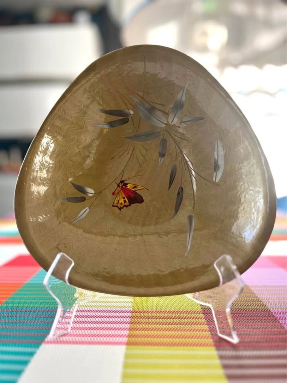 Vintage Catalina Lacquerware hand-painted gold butterfly triangular serving dish